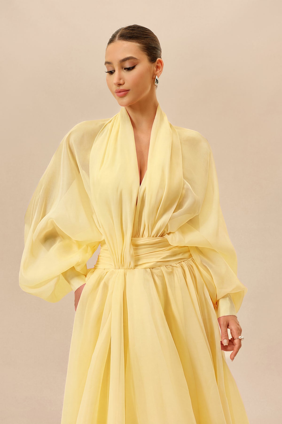 Organza Puff Sleeve Maxi Dress in Yellow - view 3
