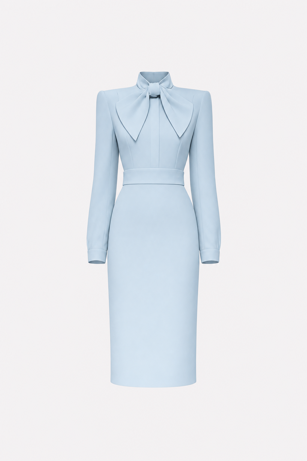Satin pencil work dress with high-neck bow - view 13