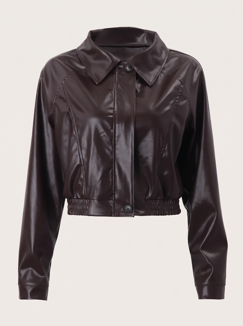Brown Faux Leather Cropped Moto Jacket