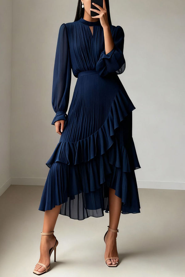 Long Sleeve Pleated Waist Midi Dress - view 5