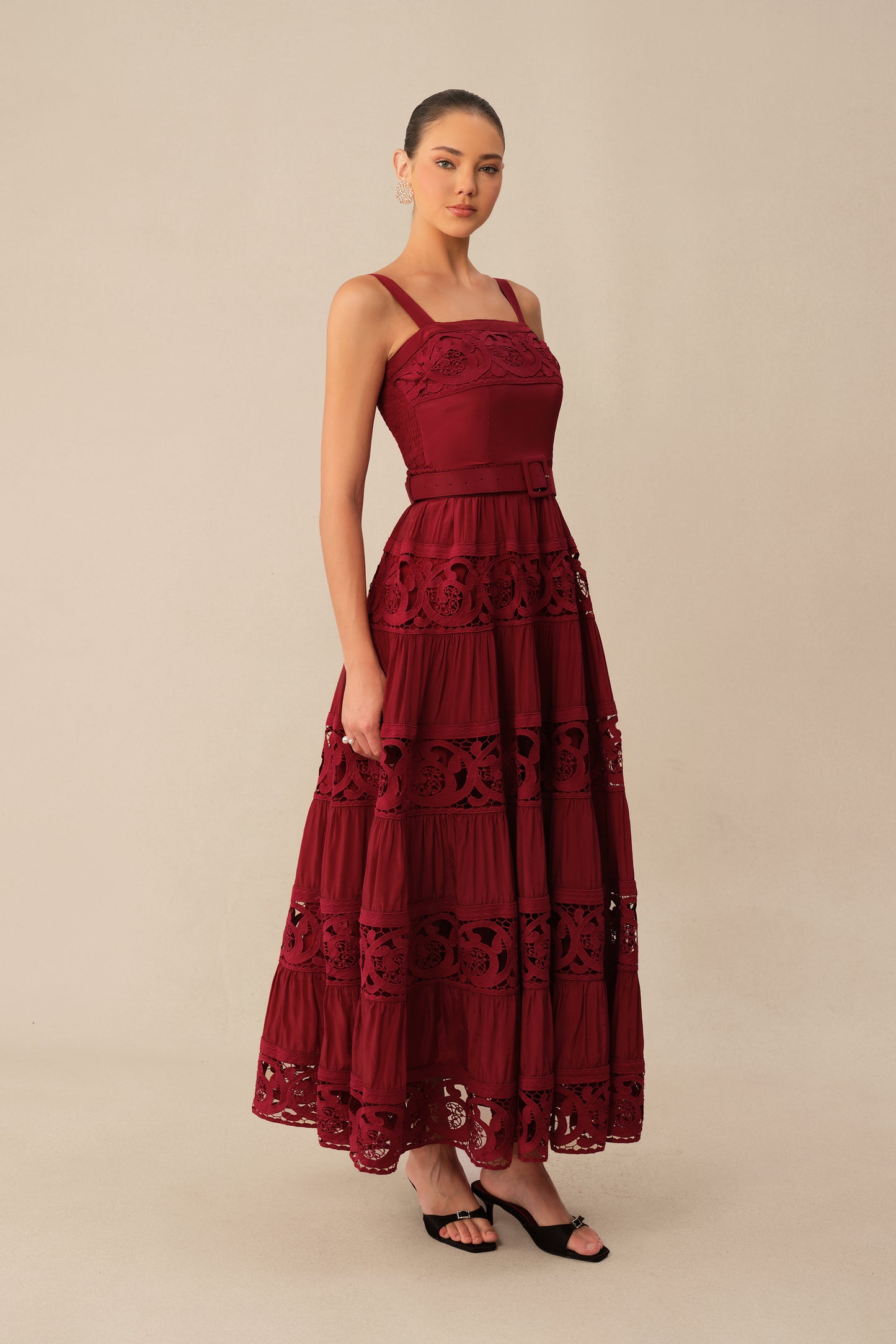 Burgundy Square Neck Lace Maxi Dress - view 2