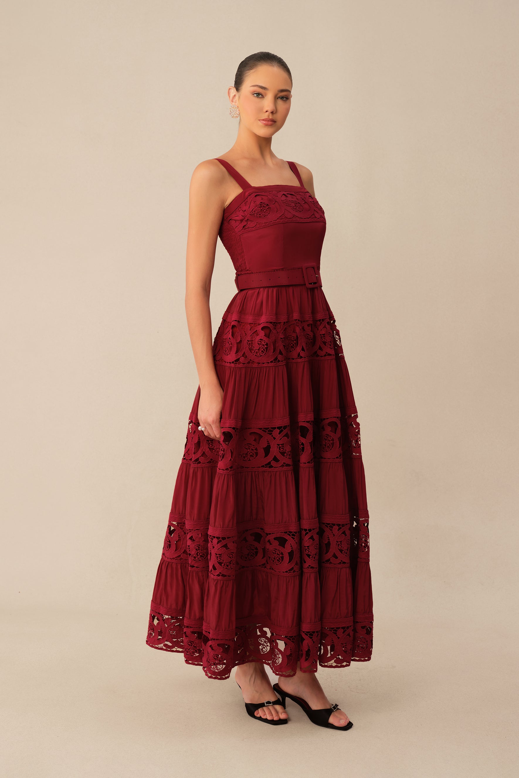 Burgundy Square Neck Lace Maxi Dress - view 2