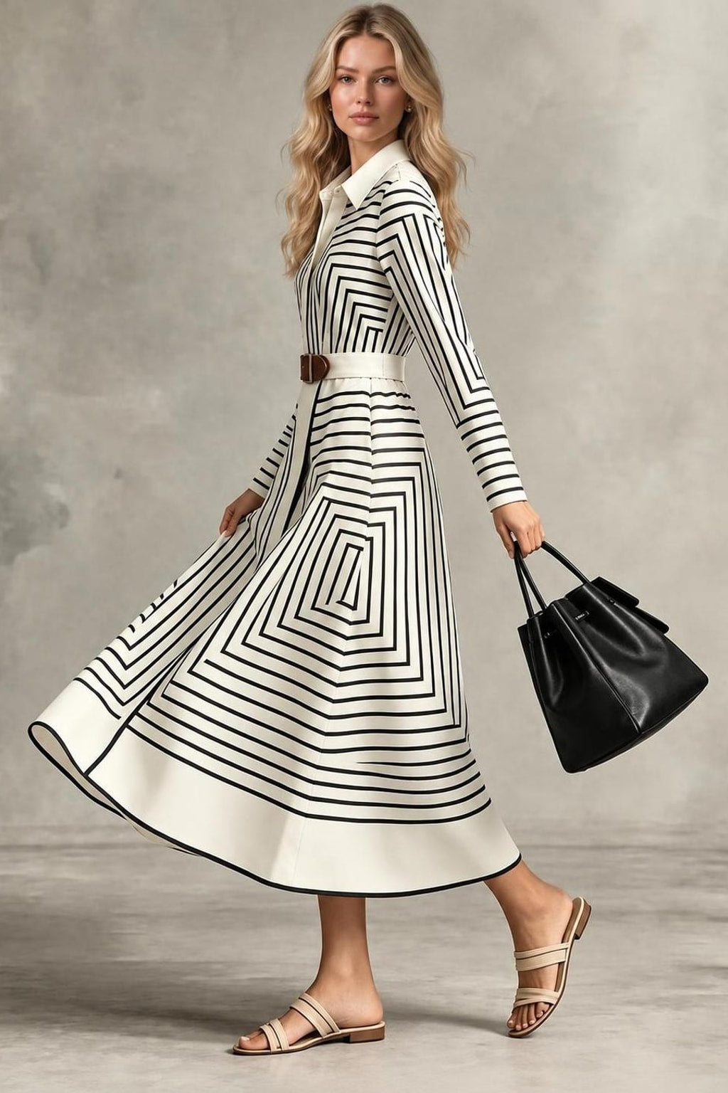 Printed Long Sleeve Maxi Dress With Turn-Down Collar - 3