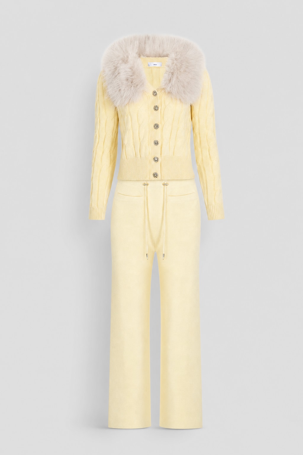 Knit Cardigan And Pants Set With Faux Fur Collar - 1