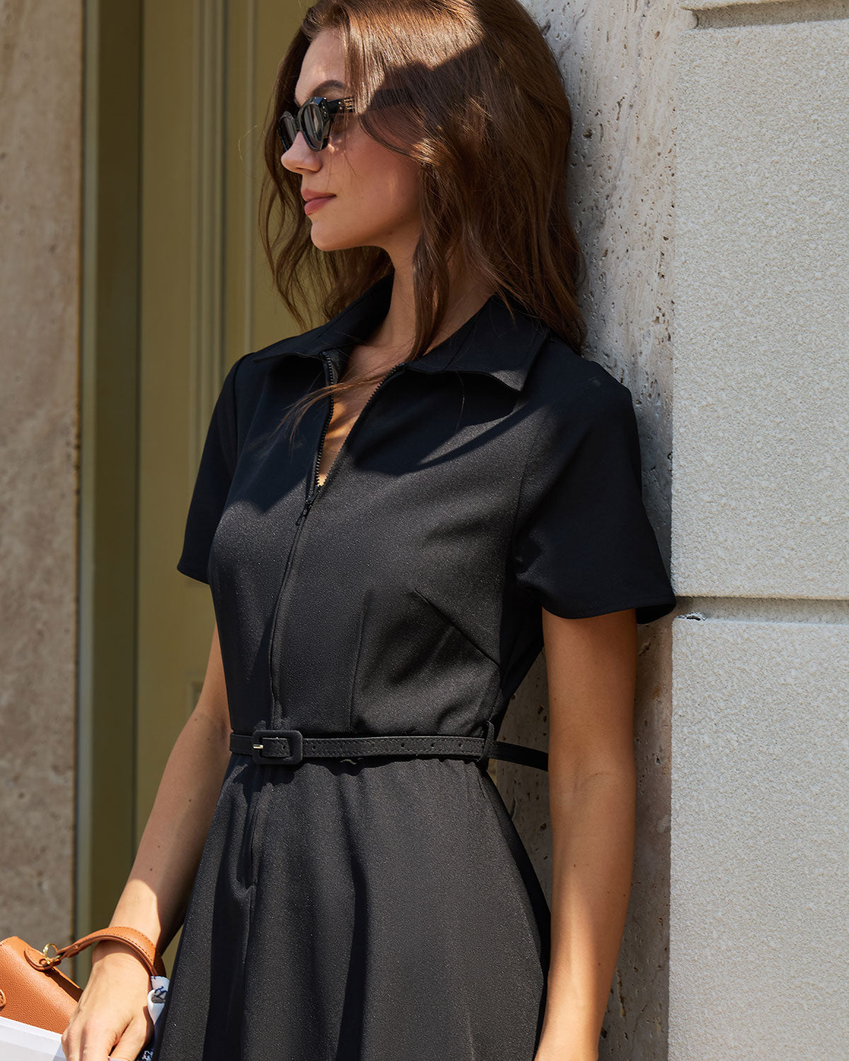 Black Belted A-Line Midi Dress with Sleeves - view 3
