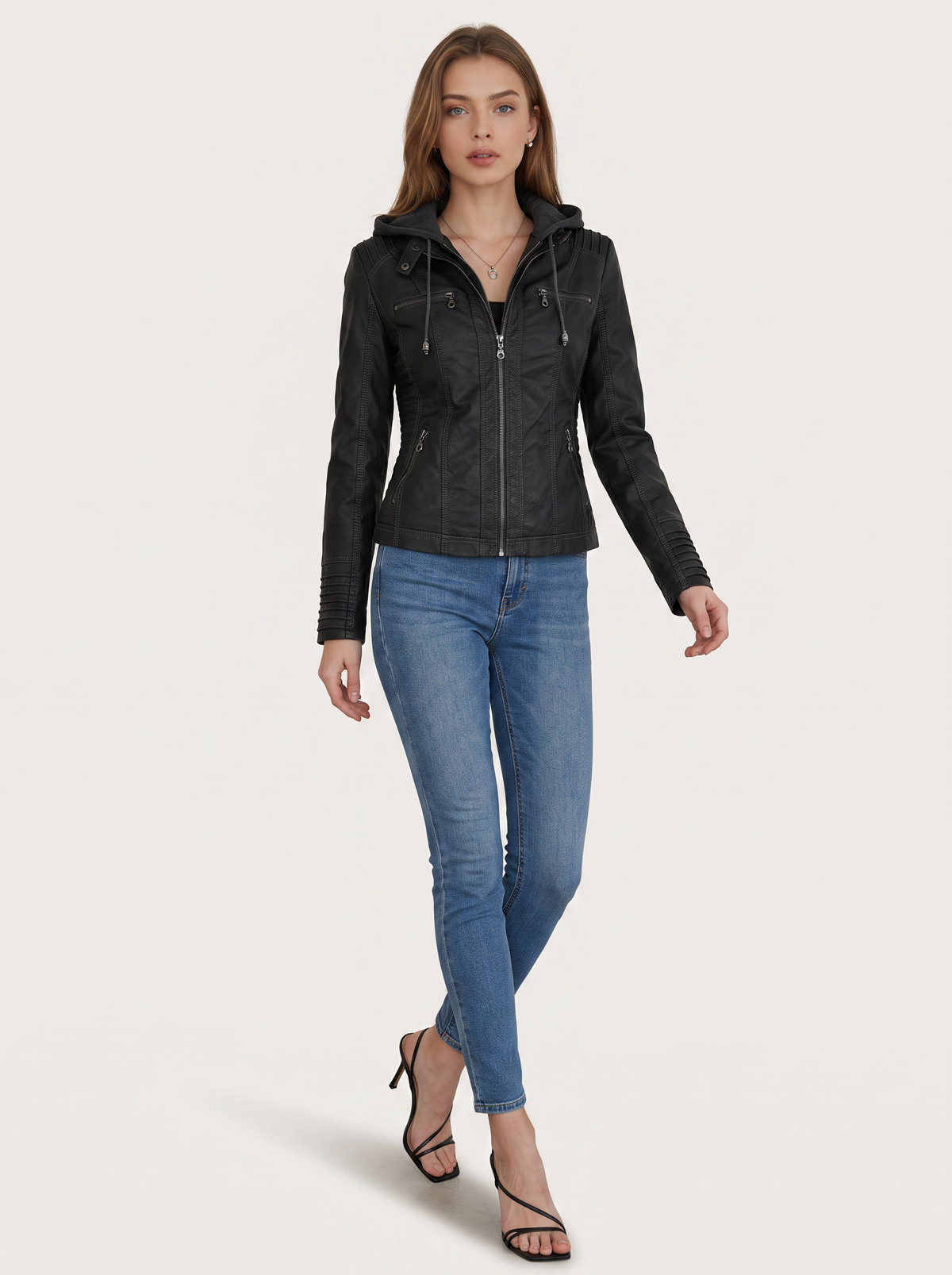 Faux Leather Hooded Moto Jacket, Zip Cuffs - view 3