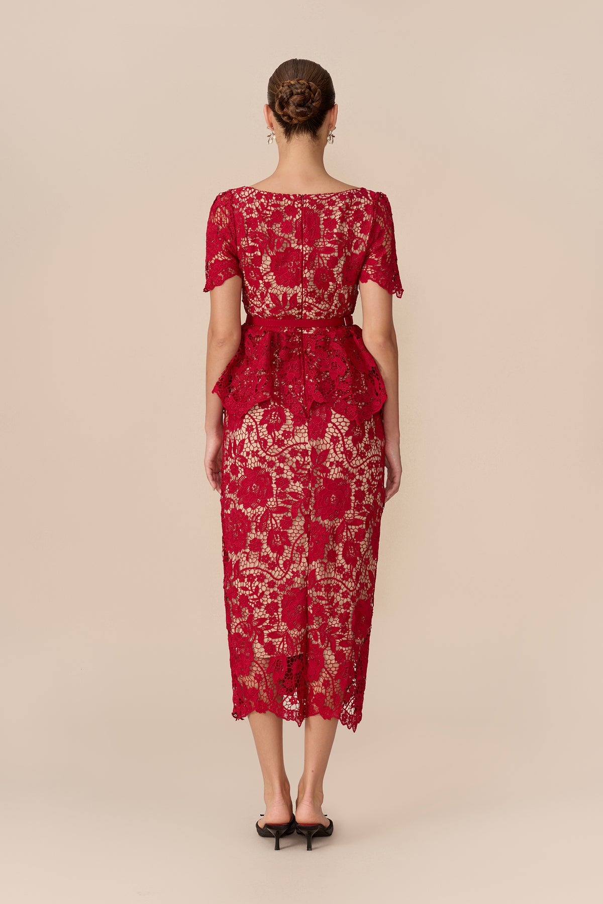 Ruffle Sleeve Off-Shoulder Lace Midi in Red - view 4