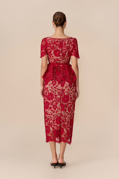 Ruffle Sleeve Off-Shoulder Lace Midi in Red - view 4
