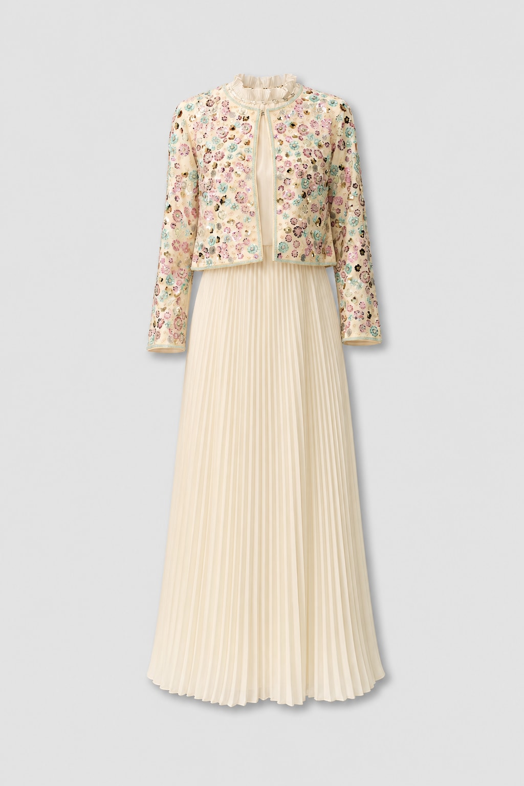 Terylene Embellished Cropped Jacket And Pleated Dress Set - 1
