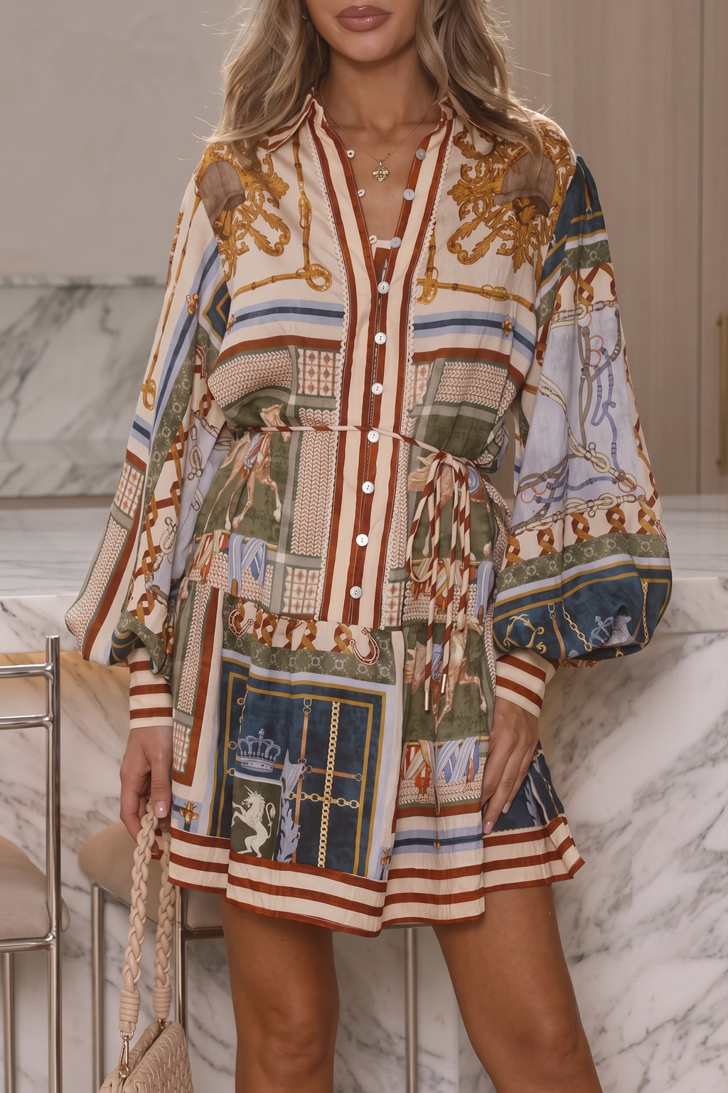 Linen Blend Balloon Sleeve Shirt Dress - 3