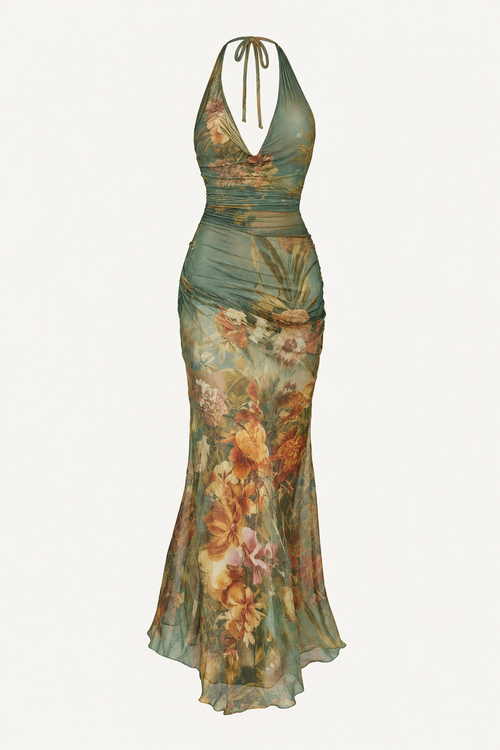 Green Floral Mesh Maxi Dress, Slim Fit