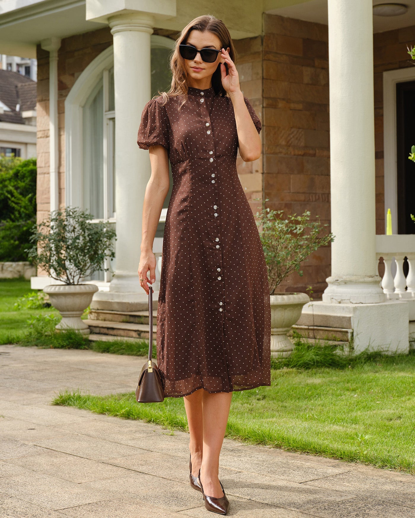 Brown Polka Dot Chiffon Midi Dress - view 2