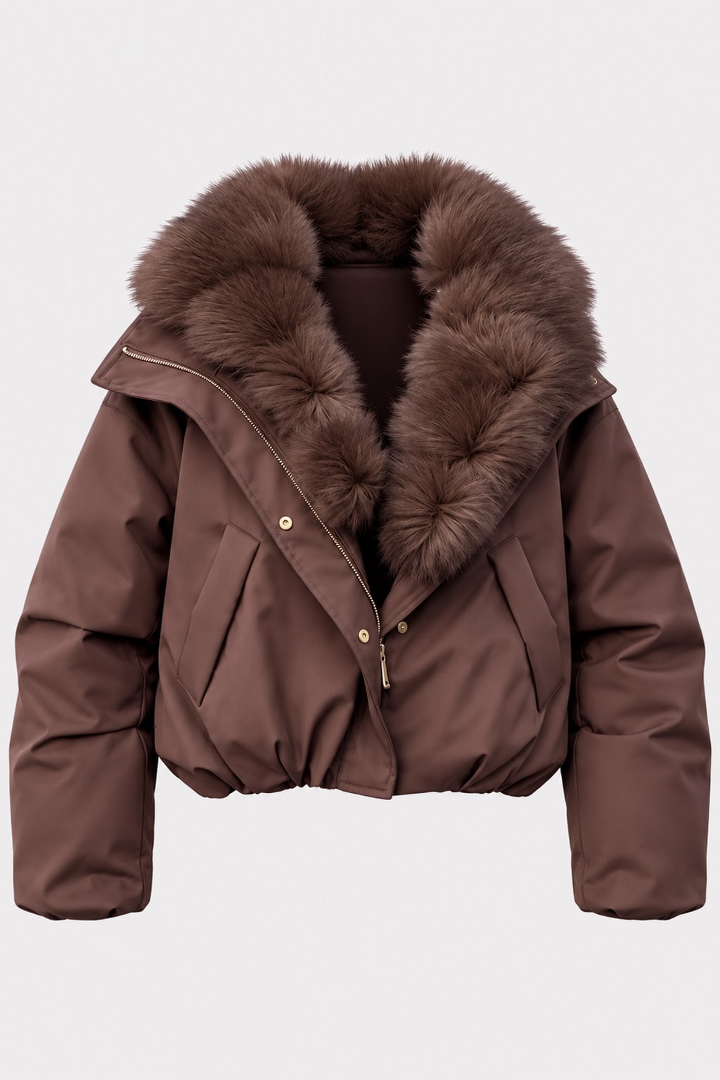 Polyester Puffer Coat With Fur Collar And Pockets - 1