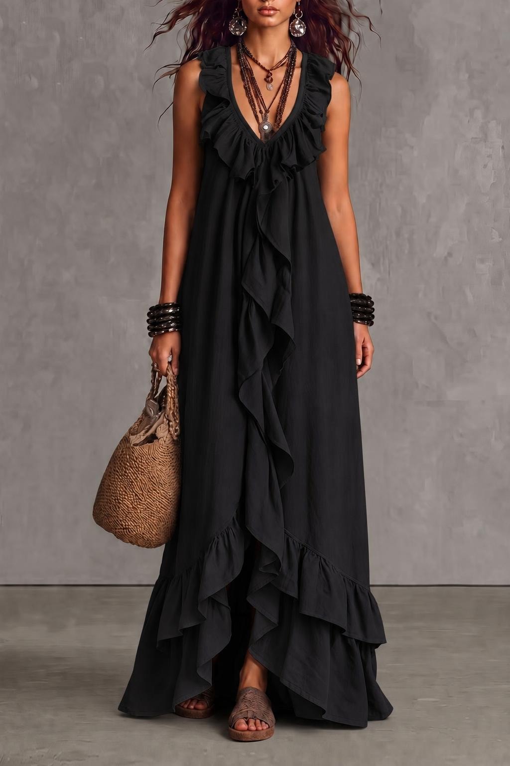 Terylene Maxi Dress With Ruffle Trim - 8