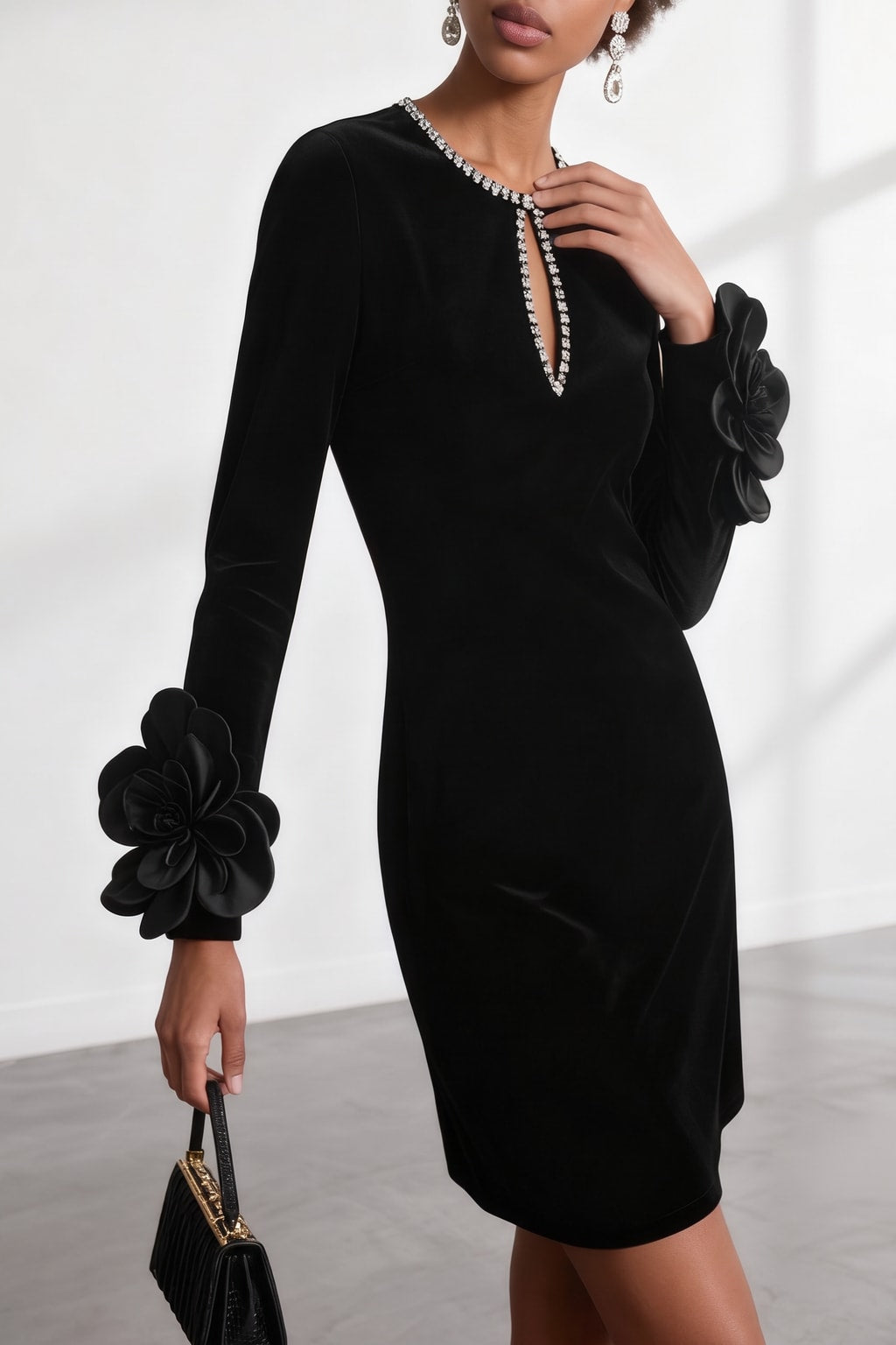 Velvet Sheath Mini Dress With Rhinestone Detail - 3