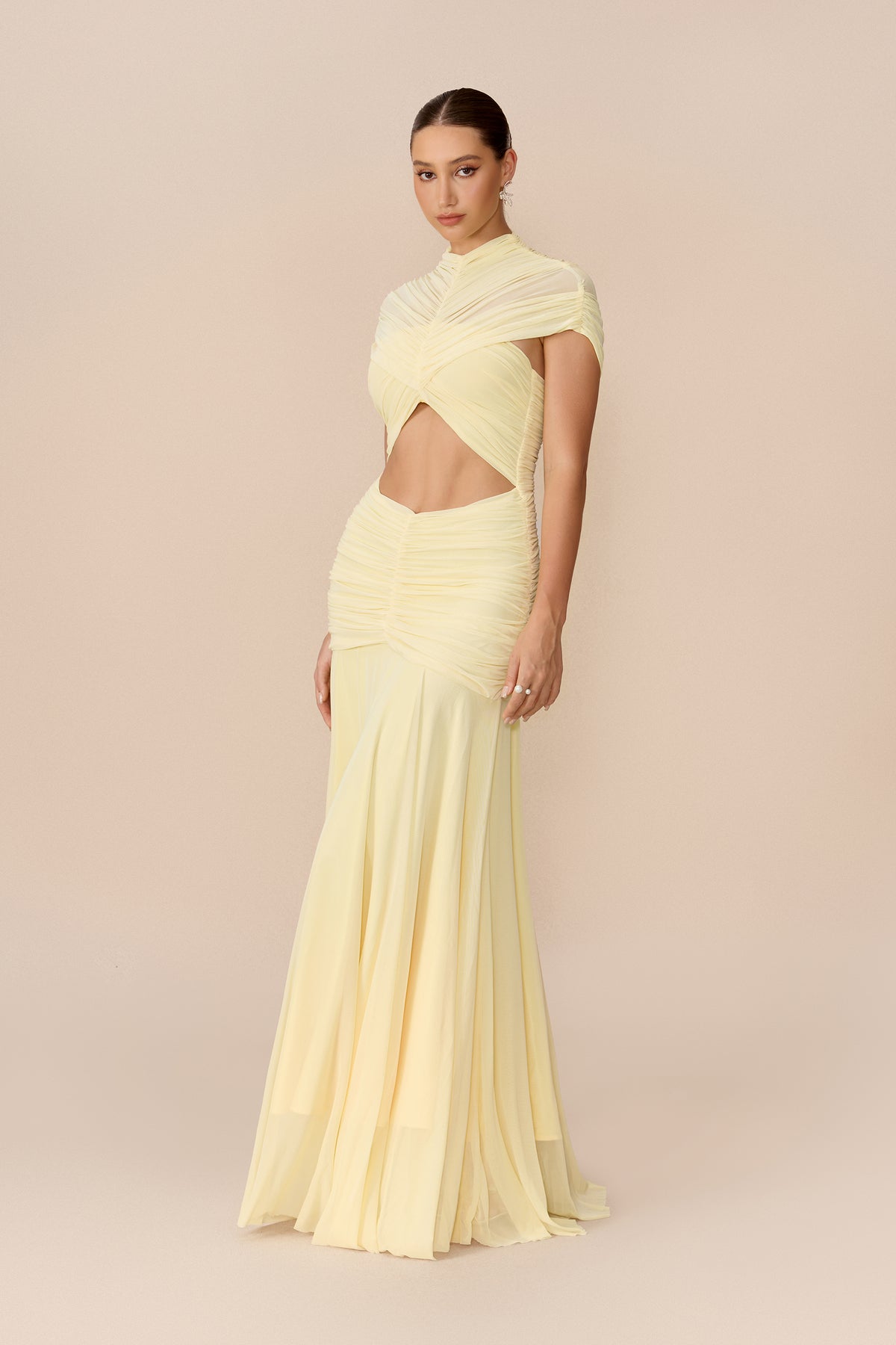 Yellow Chiffon Maxi Dress with Waist Cutout - view 5