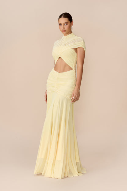 Yellow Chiffon Maxi Dress with Waist Cutout - view 5