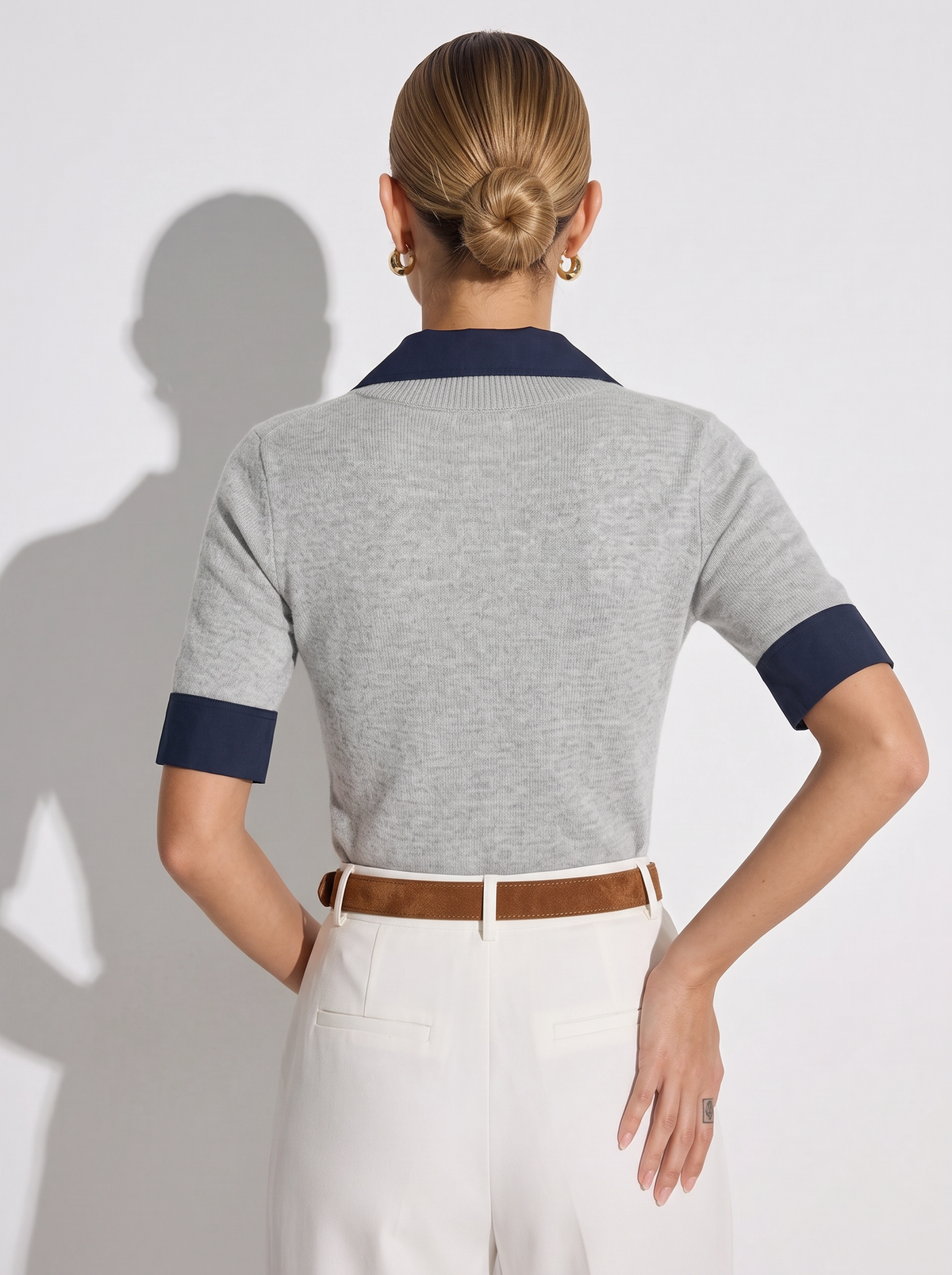 Knit Top With Contrast Collar And Elbow Sleeves - 4