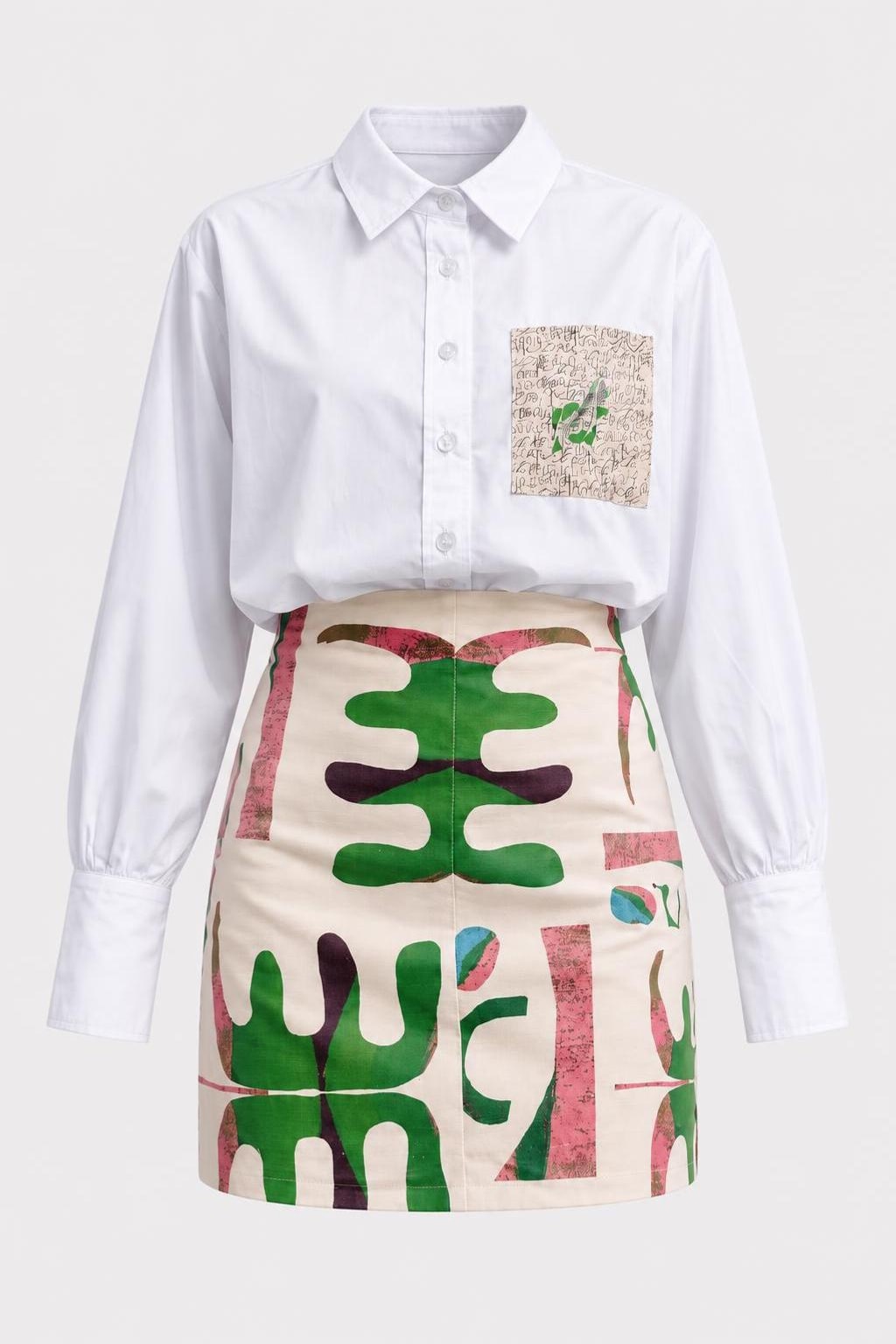 Two-Piece Skirt Set With Abstract Print Shirt - 1