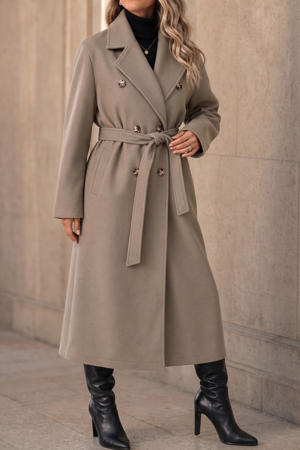 Wool-Look Belted Double-Breasted Long Coat - 4