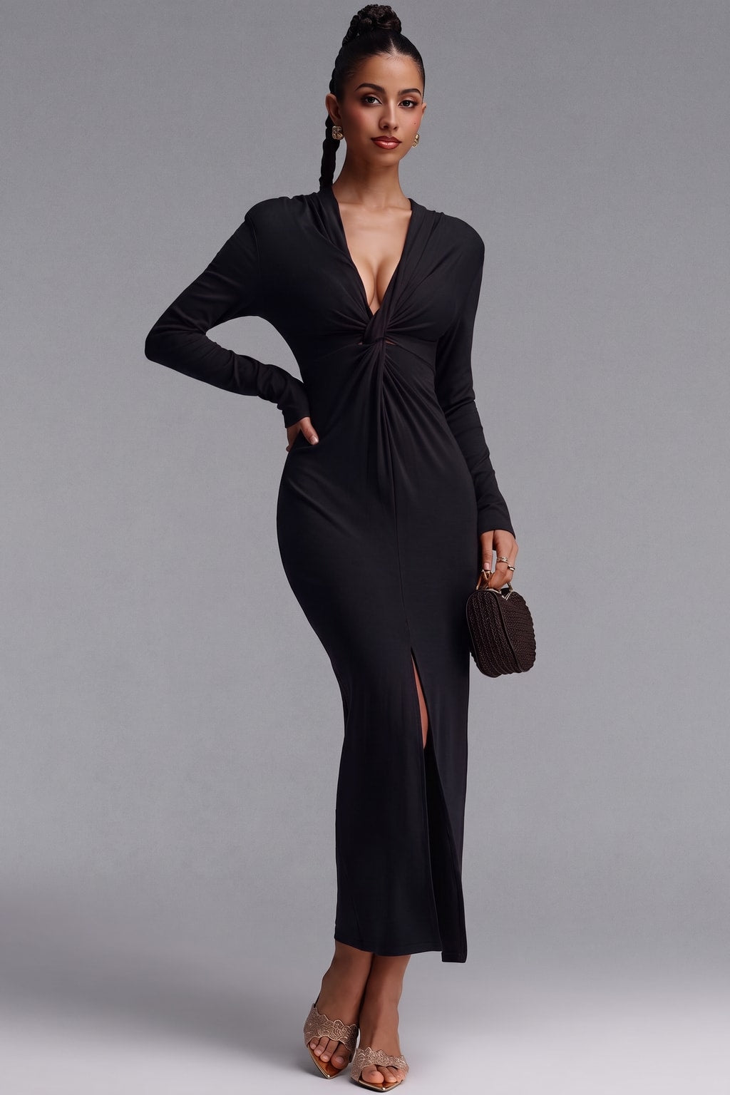 Knit Maxi Dress Deep V-Neck Twist Front - 7