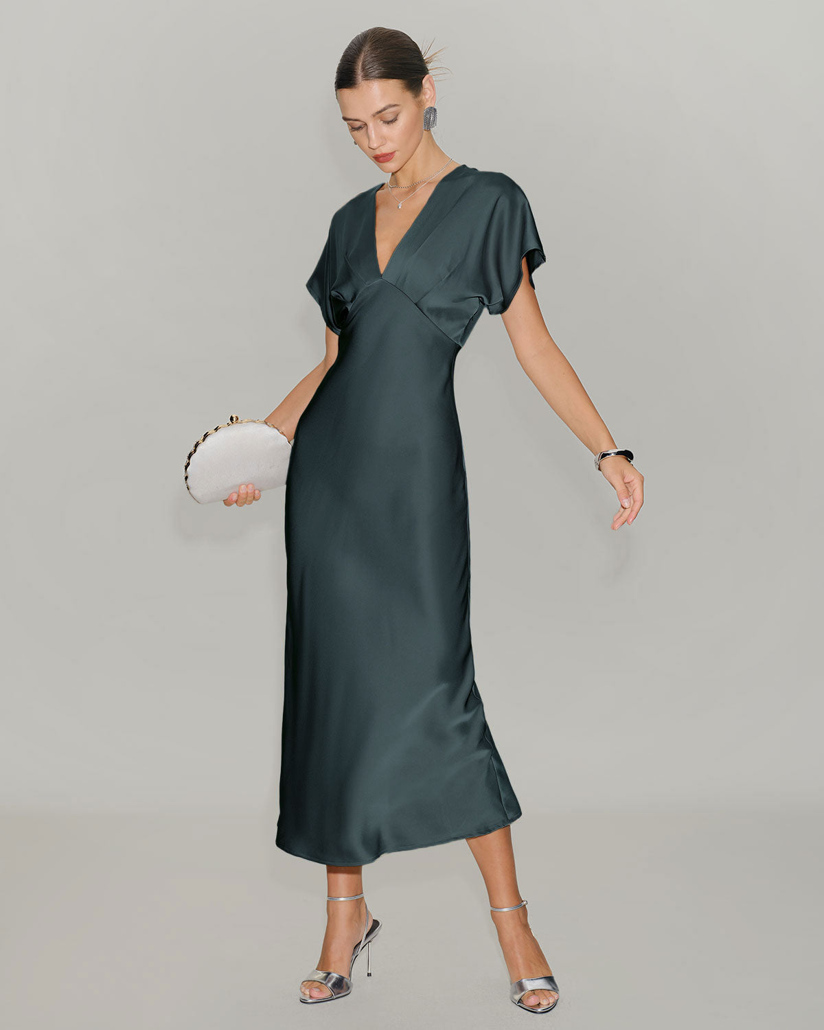 Grey green satin cowl sleeve midi dress - view 2