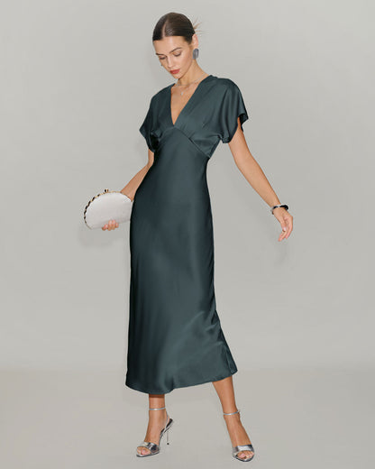 Grey green satin cowl sleeve midi dress - view 2