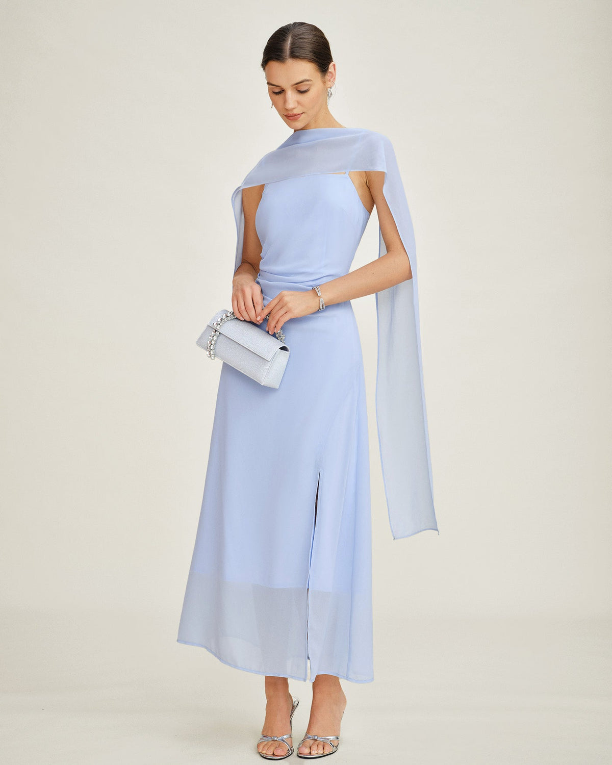 Blue Cowl Neck Chiffon Maxi Dress, Tie Back - view 2