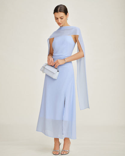 Blue Cowl Neck Chiffon Maxi Dress, Tie Back - view 2