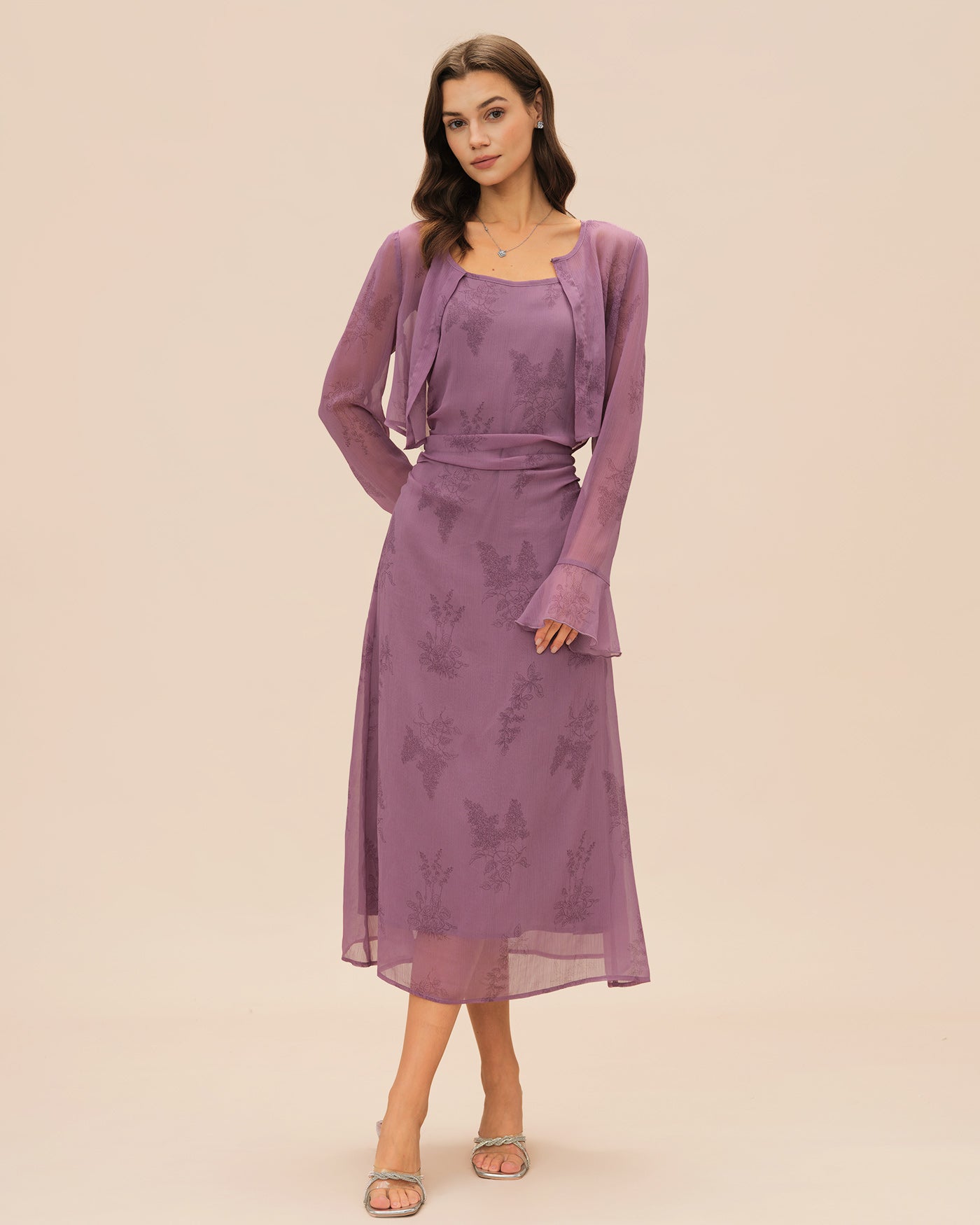 Purple Floral Ruched Slip Midi Dress - view 2