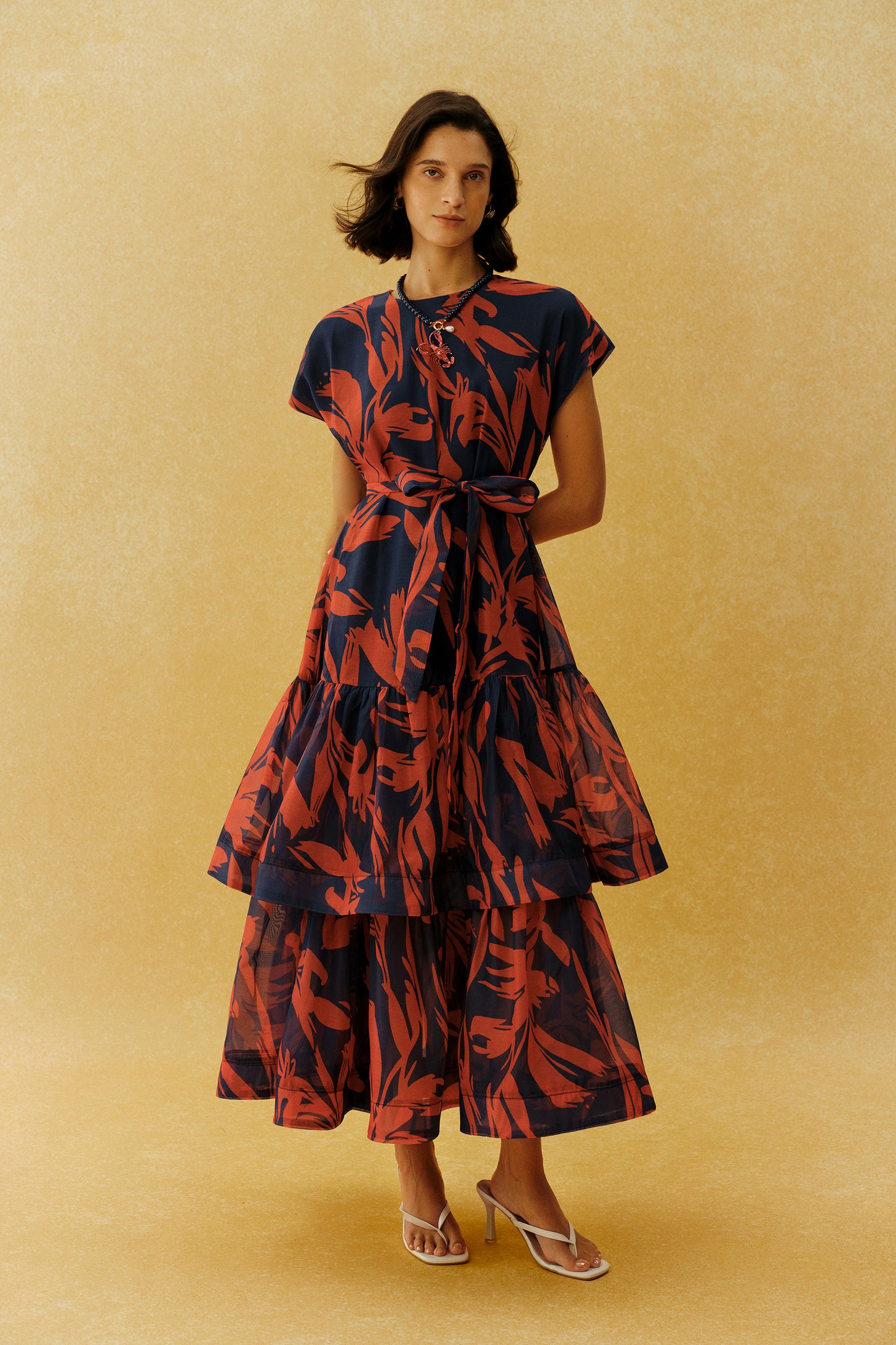 Red leaf print tiered maxi dress with tie belt - view 2