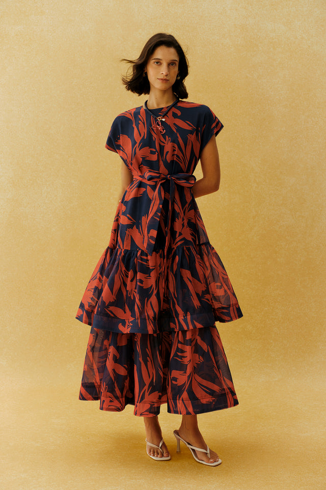Red Leaf Print Tiered Maxi Dress With Waist Tie Belt - 2