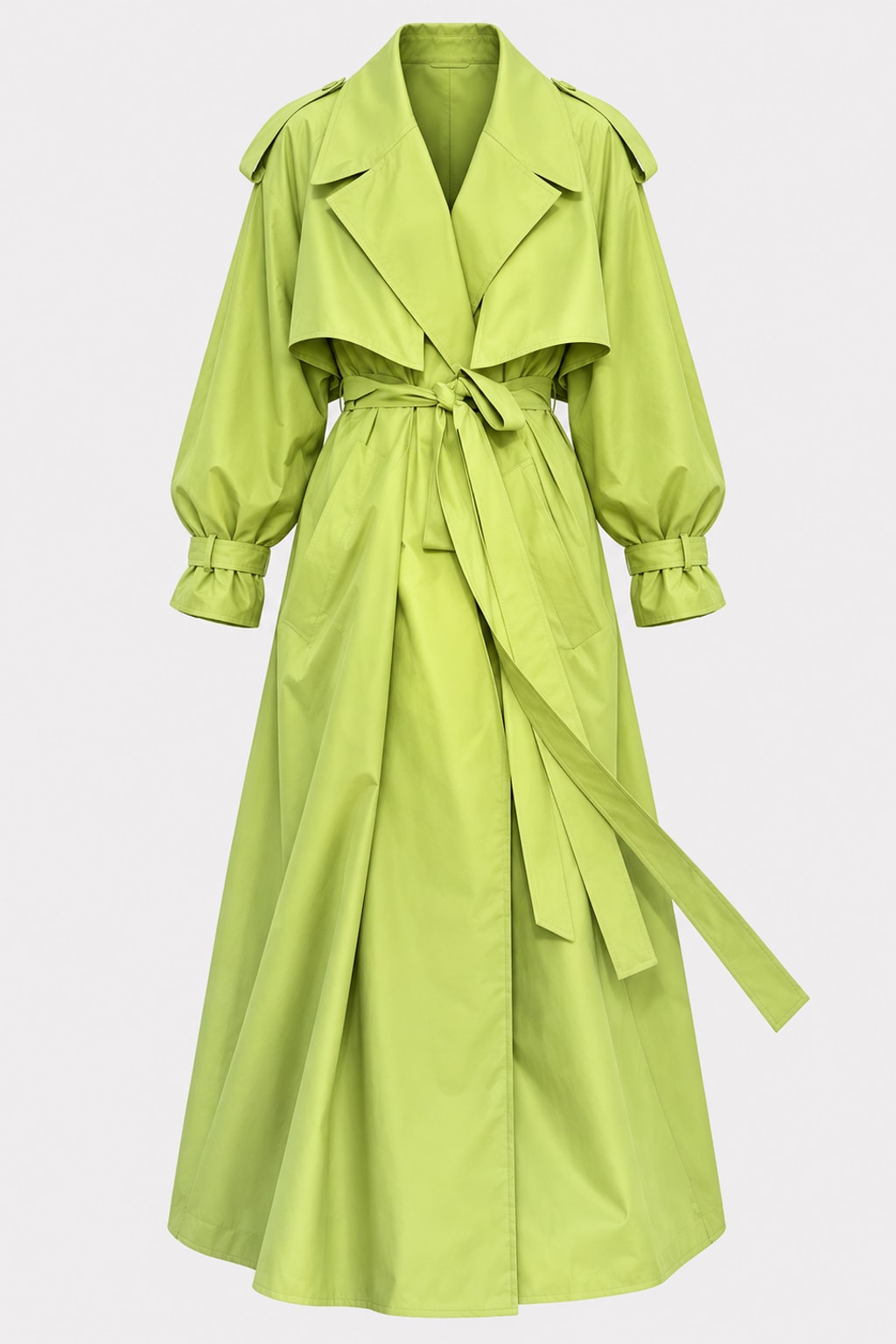 Lime green oversized maxi trench coat with a wide self-tie belt, storm flap and buckled cuff tabs