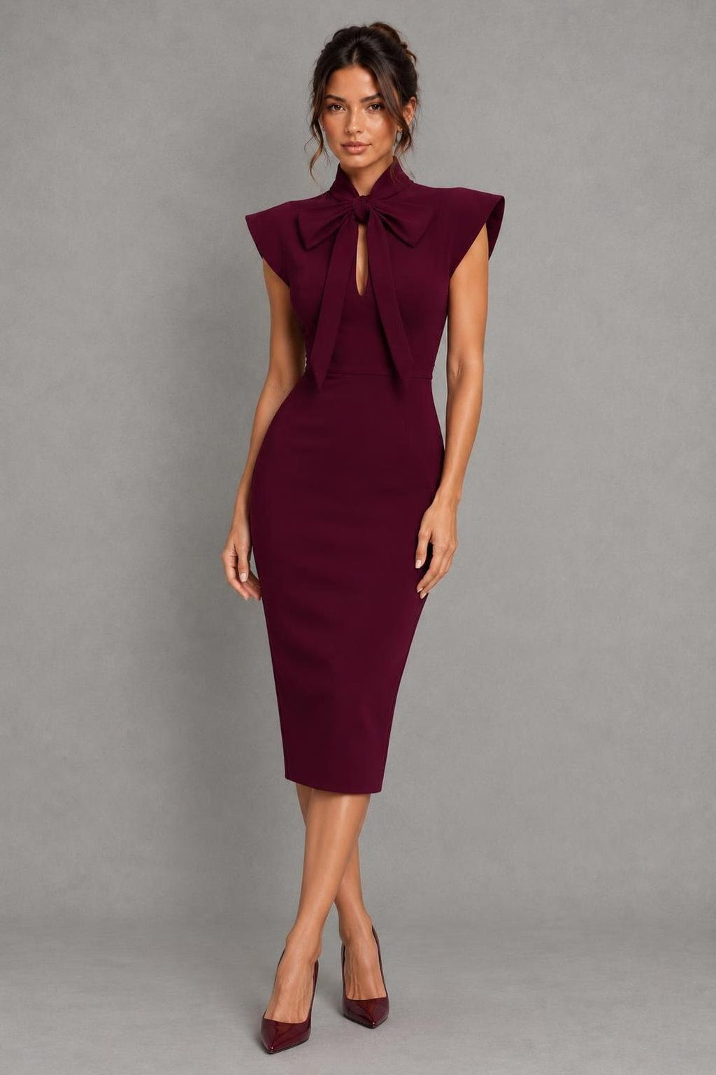 Lightweight Bow Tie Midi Dress With Stand Collar - 4