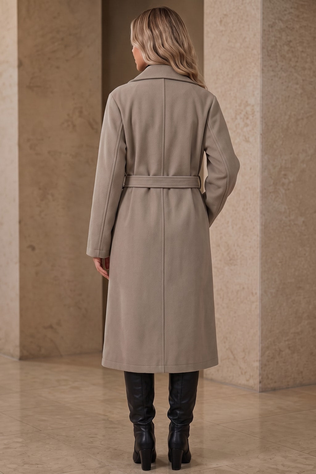 Wool-Look Belted Double-Breasted Long Coat - 3