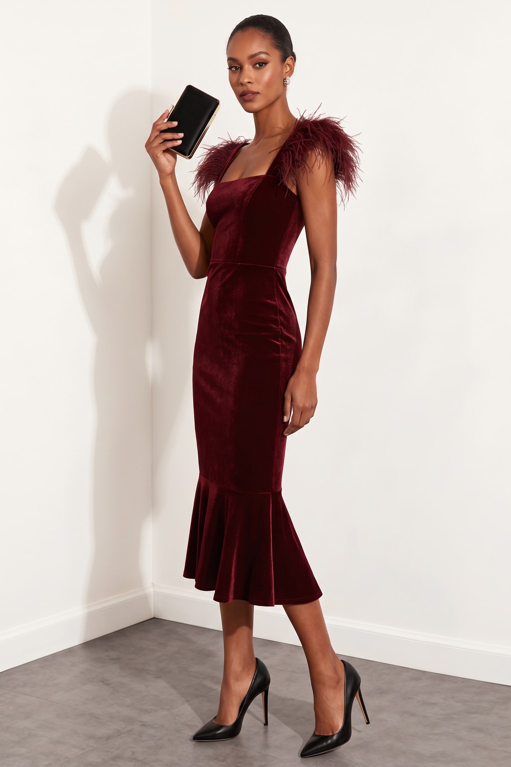 Velvet Mermaid Midi Dress With Feather Trim - 4