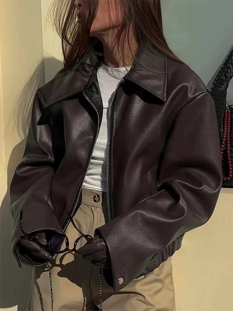 Oversized Cropped Faux Leather Jacket - view 16