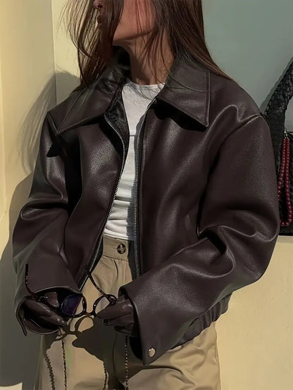 Oversized Cropped Faux Leather Jacket - view 16