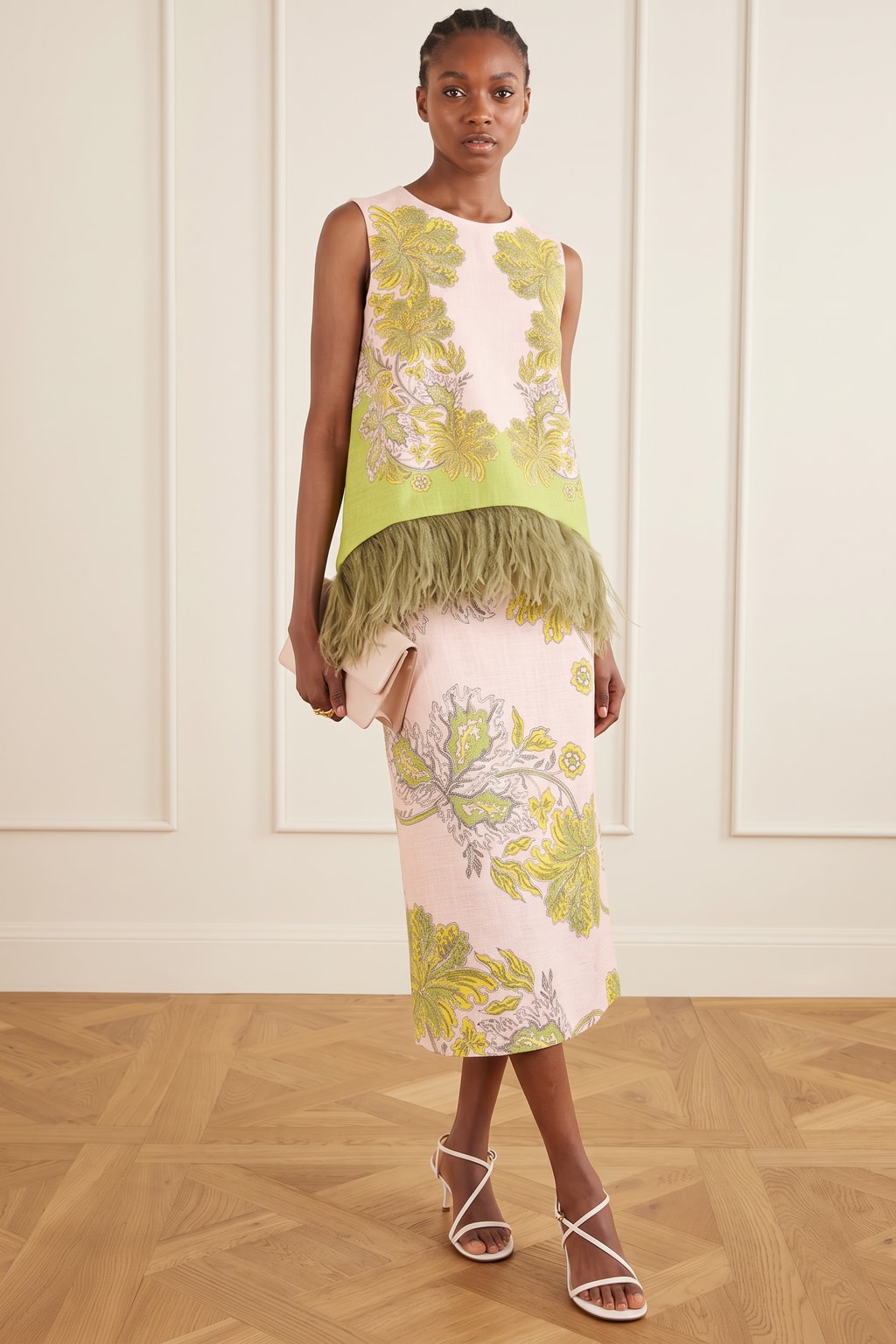 Polyester Feather Trim Top And Slit Midi Skirt Set - 2