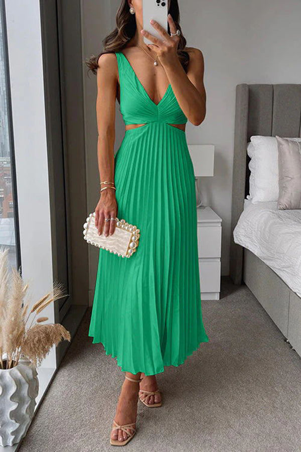 Satin pleated maxi dress with cutout waist - view 6