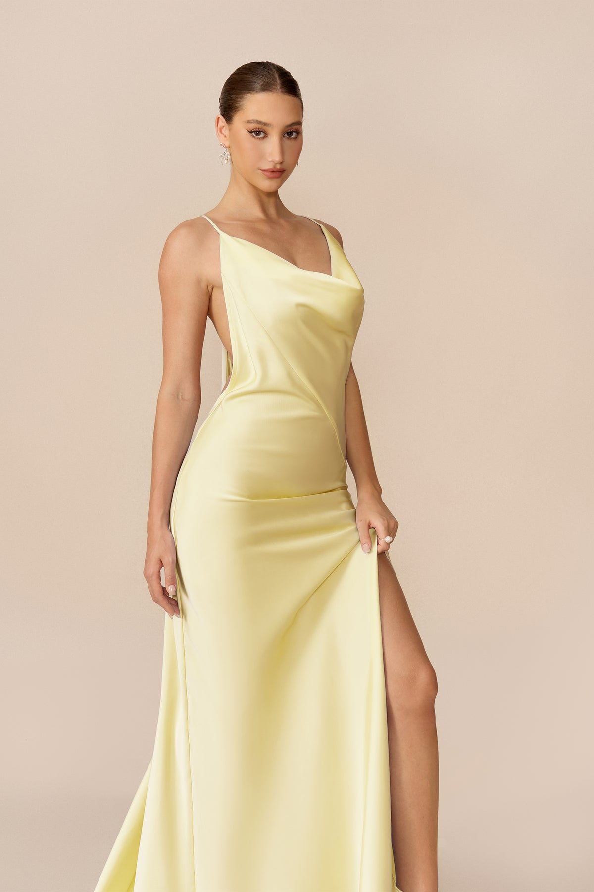 Yellow satin cowl neck maxi dress with high slit - view 3