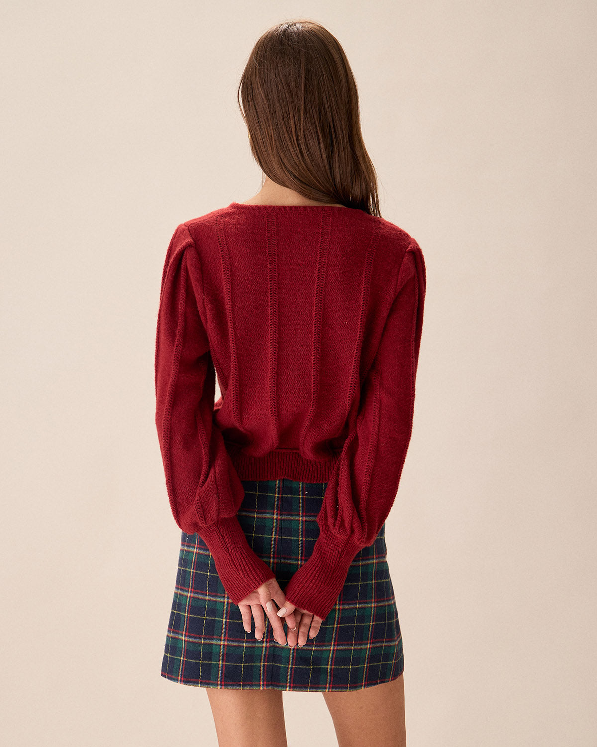 Red lantern sleeve button-front knit cardigan - view 3