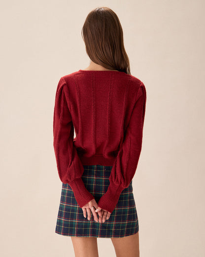 Red lantern sleeve button-front knit cardigan - view 3