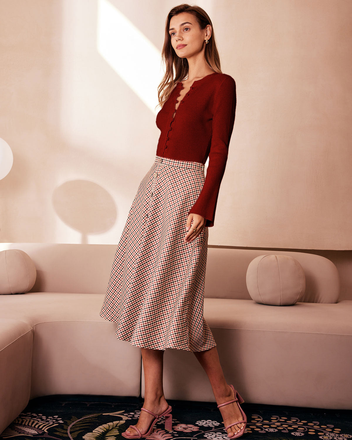 Red ribbed knit top with long bell sleeves - view 2