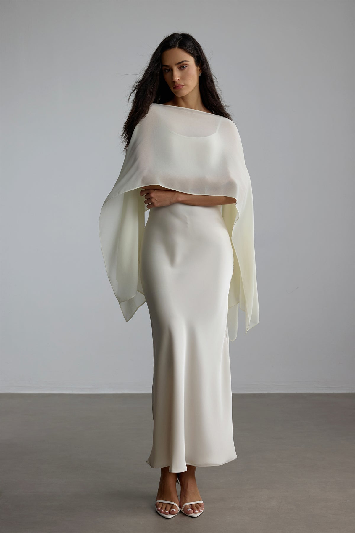 White spaghetti strap maxi dress with cape overlay - view 2