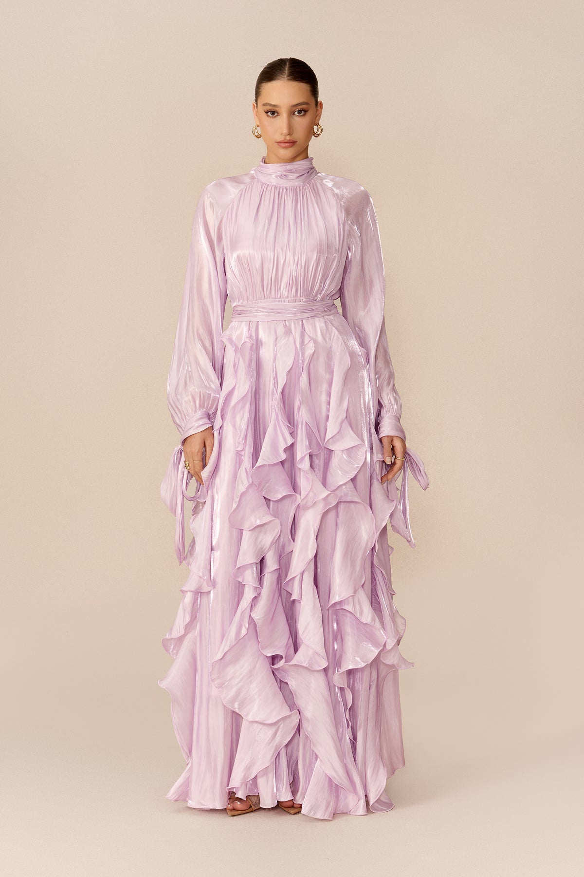 Purple puff sleeve maxi dress with ruffle trim - view 2