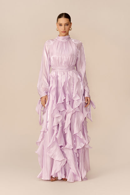 Purple puff sleeve maxi dress with ruffle trim - view 2