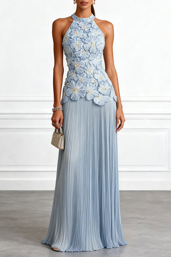Blue Chiffon Halter Maxi Dress, Floral Embroidery - view 2