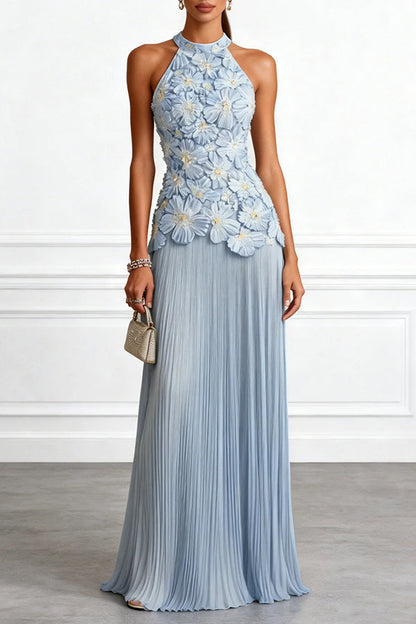 Blue Chiffon Halter Maxi Dress, Floral Embroidery - view 2