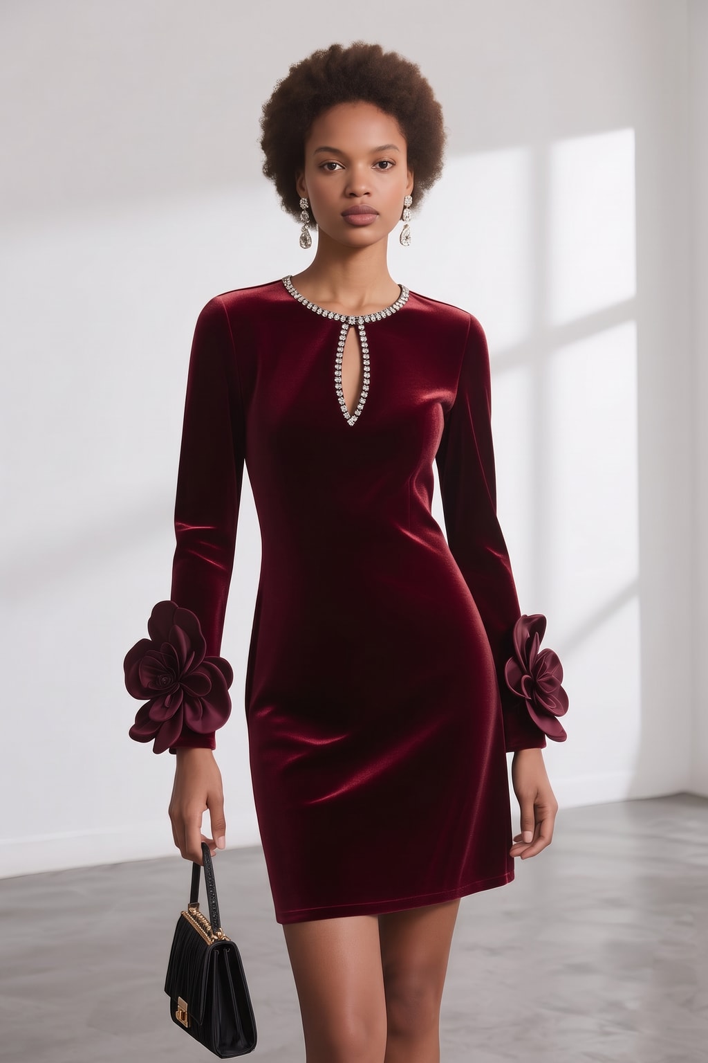 Velvet Sheath Mini Dress With Rhinestone Detail - 6